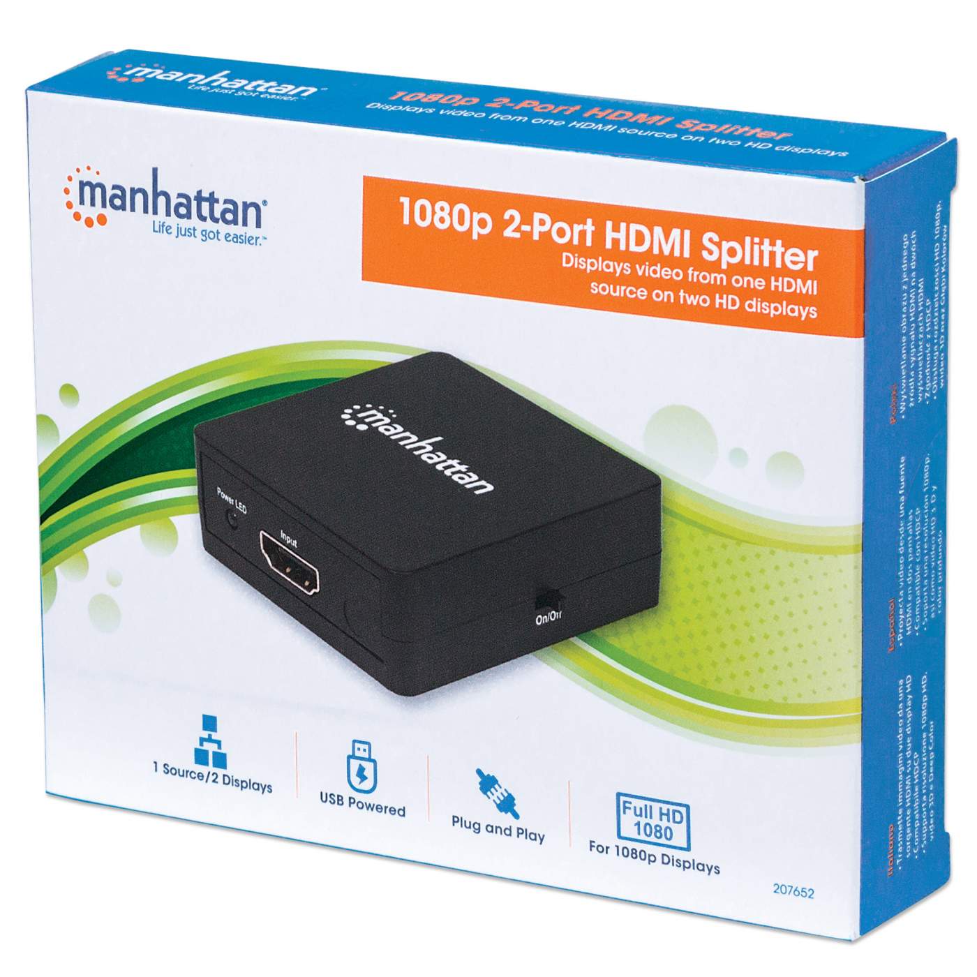 Video Splitter Manhattan Hdmi Hdtv 1080p, 1 In : 2 Out Usb 207652